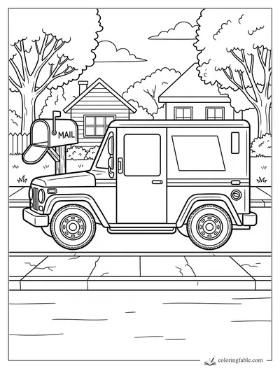 Coloring page of a mail truck parked by an open mailbox in a leafy neighborhood