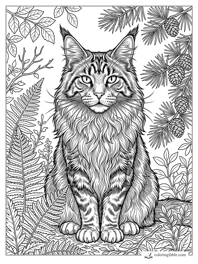 Intricate engraving of a long-haired cat sitting among ferns, leafy branches, pine needles, and pinecones.