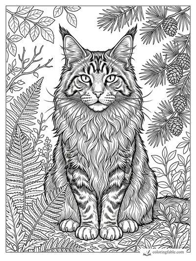Intricate engraving of a long-haired cat sitting among ferns, leafy branches, pine needles, and pinecones.