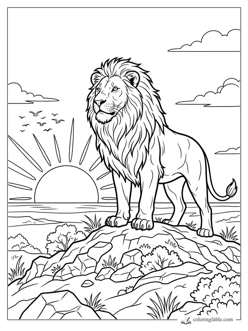 Lion with a full mane standing on rocky hills at sunset with clouds and birds in the sky