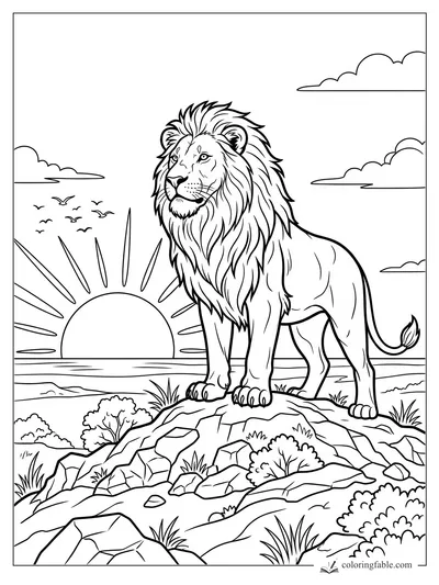 Lion with a full mane standing on rocky hills at sunset with clouds and birds in the sky