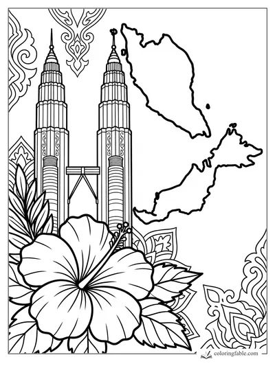 Malaysia coloring page with Petronas Towers, hibiscus flower, map outline, leaves, and batik-style patterns.