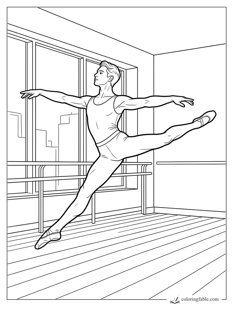 Realistic male ballet dancer in arabesque by studio windows and barres