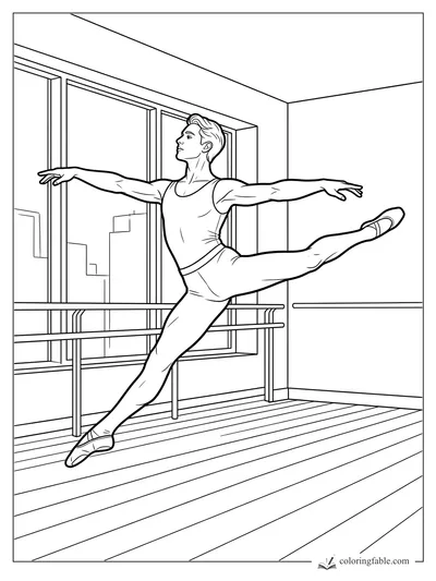 Realistic male ballet dancer in arabesque by studio windows and barres