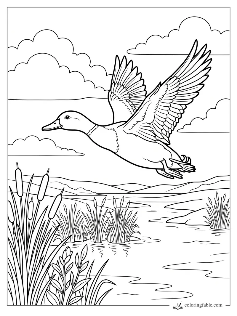 Realistic duck flying over cattails, reeds, winding water, low hills, and clouds in a wetland scene