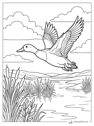 Realistic duck flying over cattails, reeds, winding water, low hills, and clouds in a wetland scene