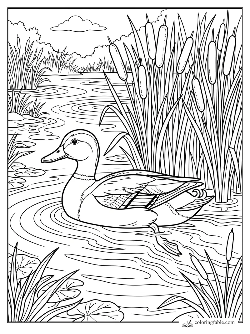 Mallard duck swimming past tall cattails, lily pads, reeds, and rippling pond water