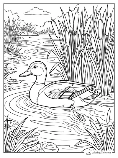 Mallard duck swimming past tall cattails, lily pads, reeds, and rippling pond water