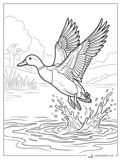 Realistic duck taking flight from a pond with raised wings, water splash, reeds, trees, and hills