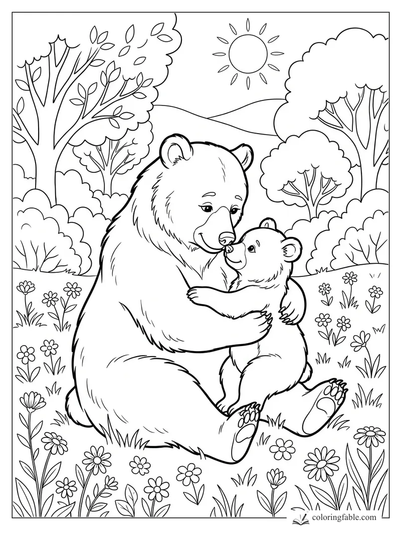 Mama bear hugging her cub in a flower meadow with trees, hills, and a bright sun.