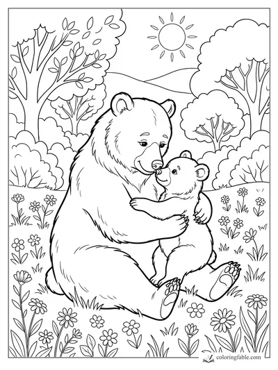 Mama bear hugging her cub in a flower meadow with trees, hills, and a bright sun.