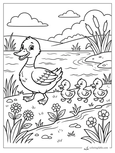 Cartoon mother duck and three ducklings walking beside a pond with cattails, flowers, hills, and clouds.