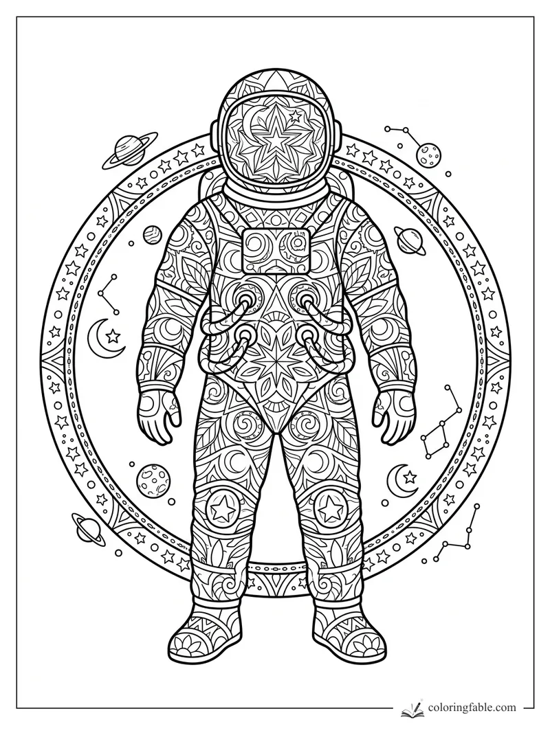 Intricate mandala astronaut with star visor, suit hoses, planets, constellations, and a star-ring border