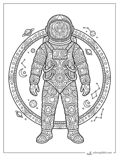 Intricate mandala astronaut with star visor, suit hoses, planets, constellations, and a star-ring border
