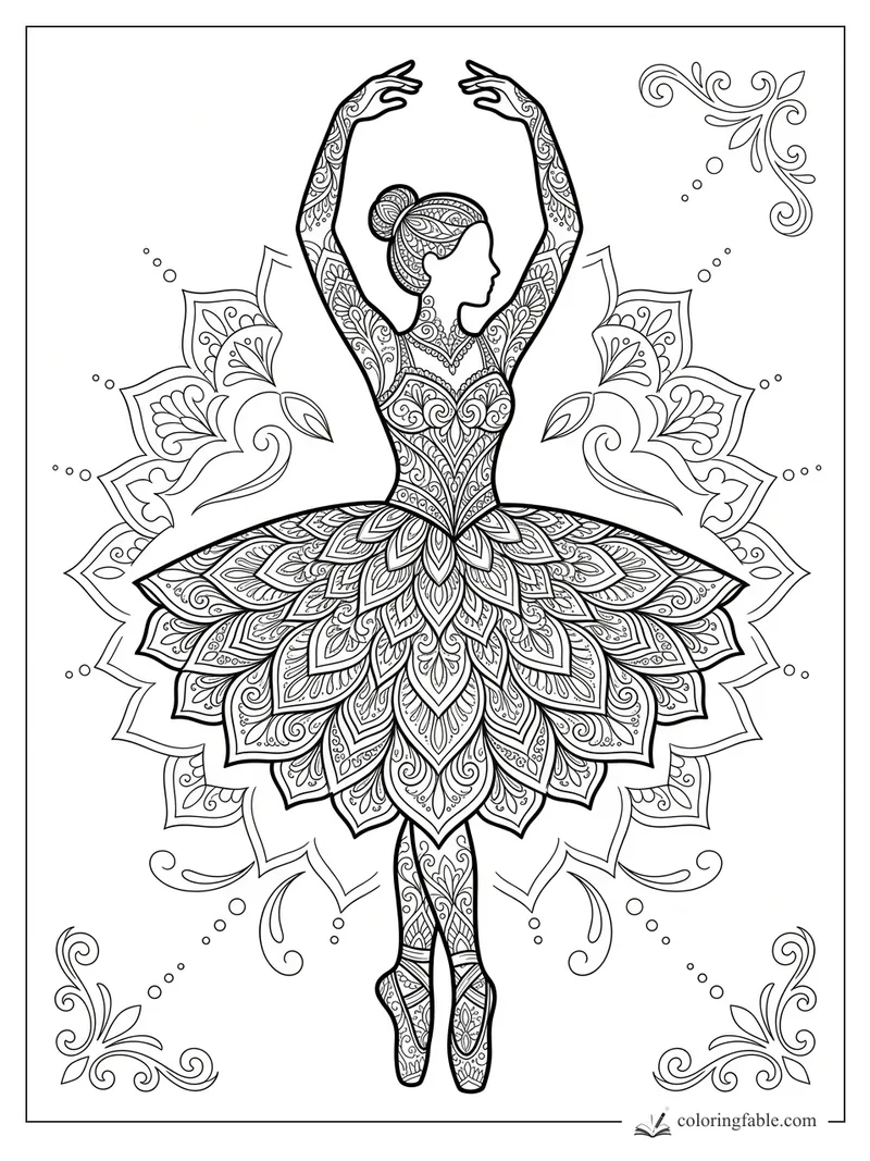 Intricate mandala ballerina in pointe pose with raised arms, ornate petal tutu, floral flourishes, and dotted accents.