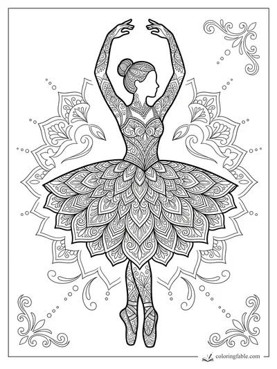 Intricate mandala ballerina in pointe pose with raised arms, ornate petal tutu, floral flourishes, and dotted accents.