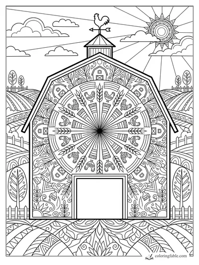 Intricate farm mandala barn with hens, wheat, fields, clouds, sun, and rooster weathervane.