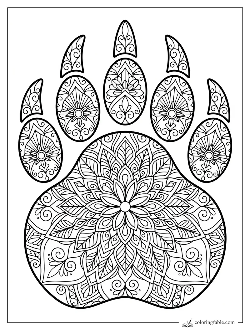 Intricate bear paw mandala with floral pad, swirling claws, leaves, and petal patterns