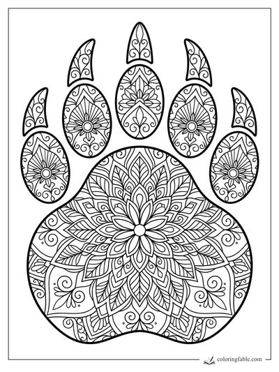 Intricate bear paw mandala with floral pad, swirling claws, leaves, and petal patterns
