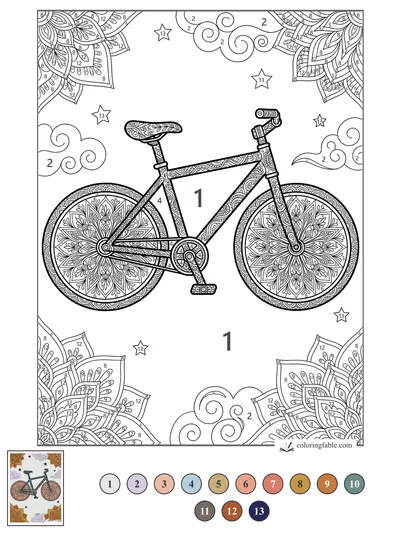 Mandala Bicycle Under Stars and Swirly Clouds — color by number