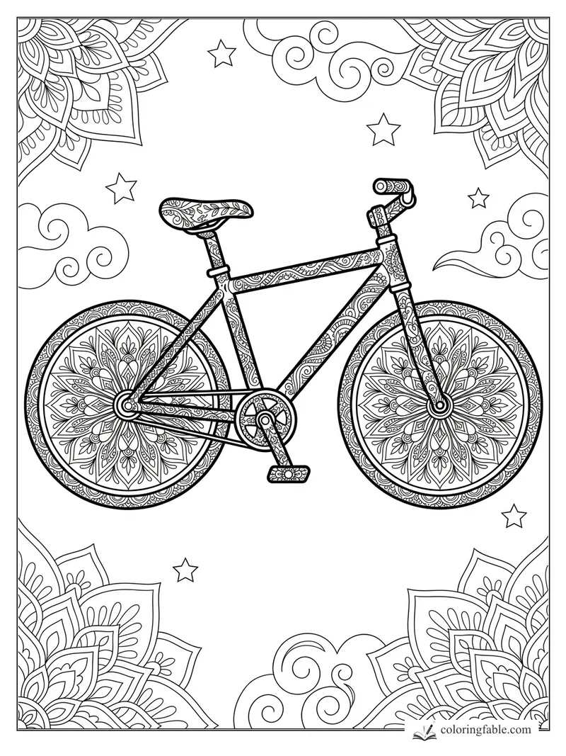 Intricate mandala bicycle with floral wheels, patterned frame, stars, swirly clouds, and corner blooms.