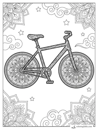 Intricate mandala bicycle with floral wheels, patterned frame, stars, swirly clouds, and corner blooms.