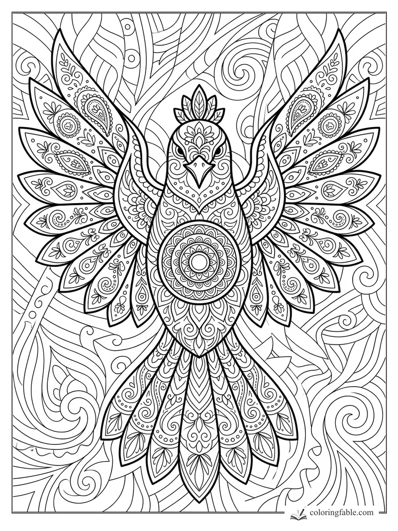 Intricate mandala bird with spread wings, floral feathers, circular chest medallion, and swirling background