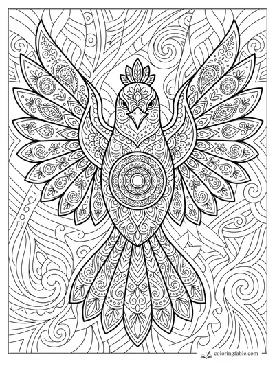 Intricate mandala bird with spread wings, floral feathers, circular chest medallion, and swirling background
