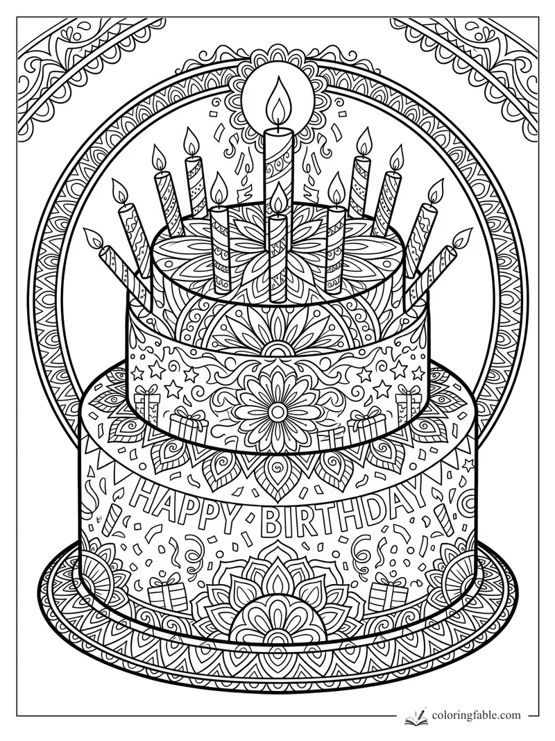 Intricate mandala birthday cake with candles, gifts, stars, confetti, and Happy Birthday lettering.