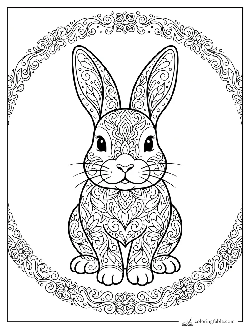Intricate mandala bunny with tall patterned ears, whiskers, flowers, and swirling floral border