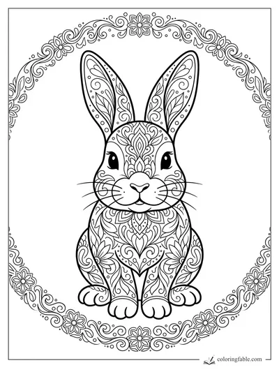 Intricate mandala bunny with tall patterned ears, whiskers, flowers, and swirling floral border