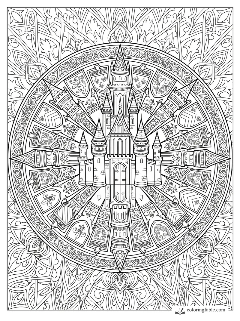 Intricate mandala castle with tall towers, heraldic shields, lions, eagles, fleurs-de-lis, and vine borders.