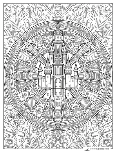 Intricate mandala castle with tall towers, heraldic shields, lions, eagles, fleurs-de-lis, and vine borders.