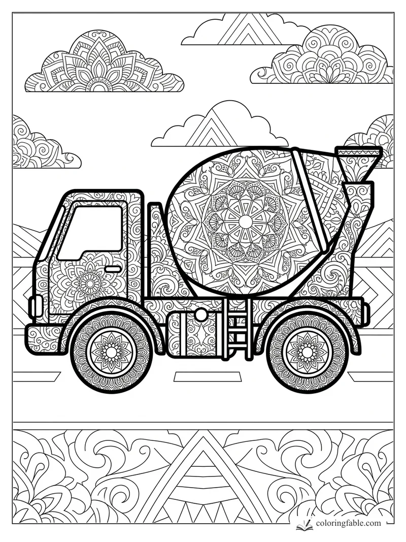 Intricate mandala cement mixer truck with floral wheels, patterned drum, clouds, and geometric road details.