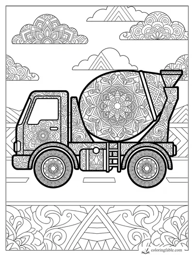 Intricate mandala cement mixer truck with floral wheels, patterned drum, clouds, and geometric road details.