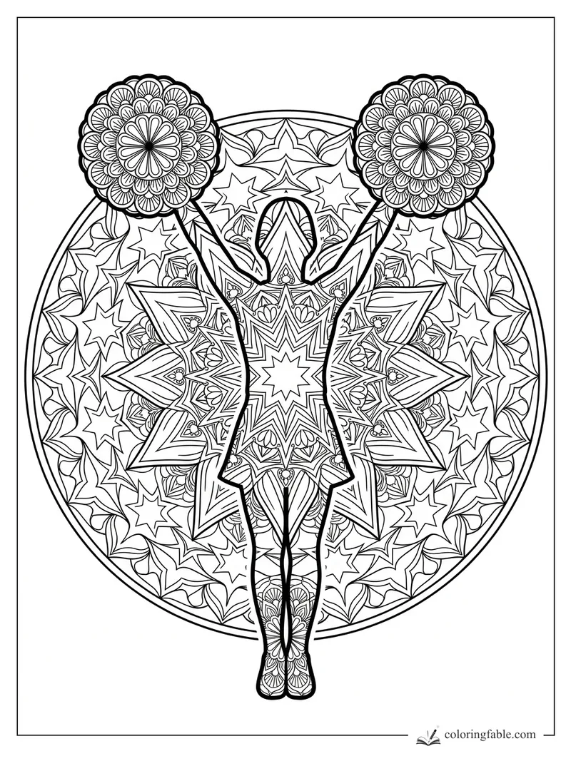 Intricate mandala cheerleader holding two floral pom-poms above a star-patterned circular design