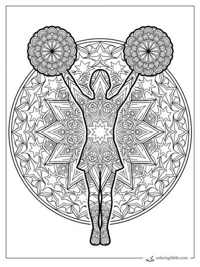 Intricate mandala cheerleader holding two floral pom-poms above a star-patterned circular design