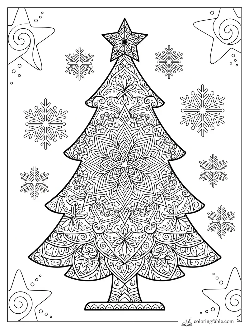 Intricate mandala Christmas tree with patterned star, snowflakes, corner stars, and swirling ornaments.