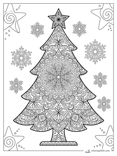 Intricate mandala Christmas tree with patterned star, snowflakes, corner stars, and swirling ornaments.
