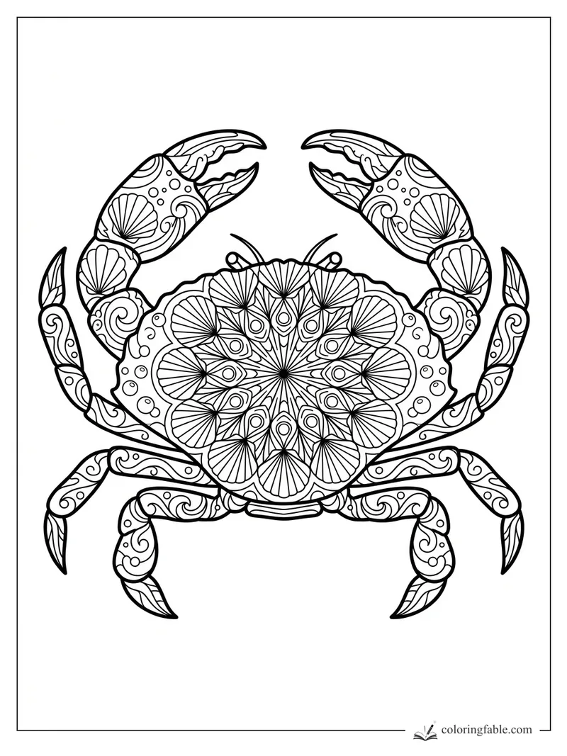 Intricate mandala crab with raised claws, scallop-shell fans, spiral legs, and a floral patterned shell.