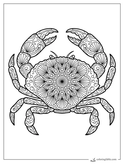 Intricate mandala crab with raised claws, scallop-shell fans, spiral legs, and a floral patterned shell.