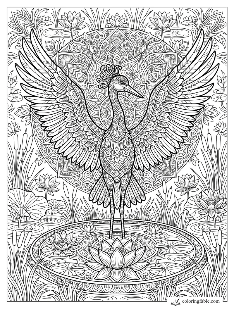 Intricate mandala crane standing in a lotus pond with spread wings, cattails, lily pads, and floral patterns