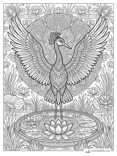 Intricate mandala crane standing in a lotus pond with spread wings, cattails, lily pads, and floral patterns