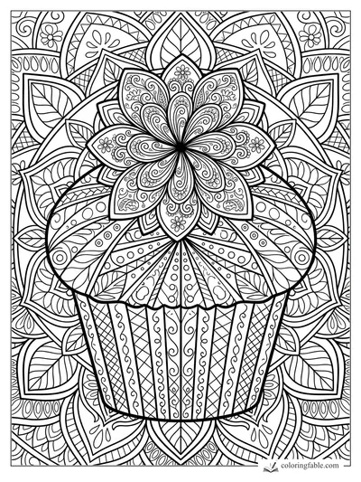Intricate cupcake mandala with a flower frosting top, striped wrapper, leaves, curls, dots, and petal patterns.