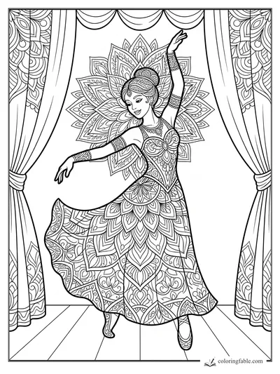 Intricate mandala dancer posing onstage between curtains with floral costume patterns