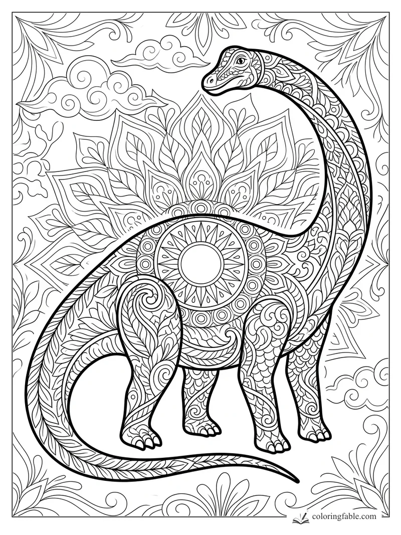 Intricate mandala diplodocus with long neck, curled tail, lotus petals, clouds, and leafy border