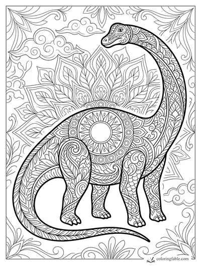 Intricate mandala diplodocus with long neck, curled tail, lotus petals, clouds, and leafy border