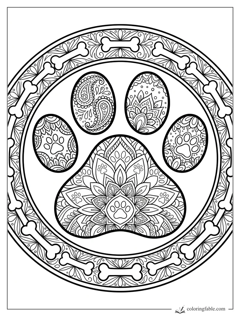 Intricate dog paw mandala with floral pads, paisley details, and a circular bone border