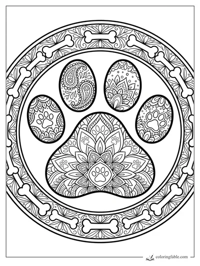 Intricate dog paw mandala with floral pads, paisley details, and a circular bone border