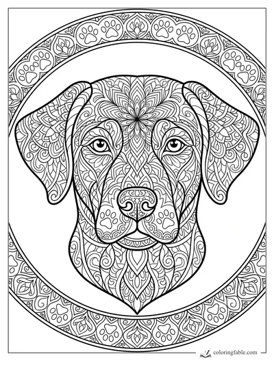 Intricate mandala dog face with floppy ears, floral patterns, and a paw-print circular border